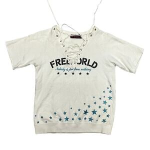 Y2K Freeworld "Nobody Is Free From Nothing" Cross Top, Size Small